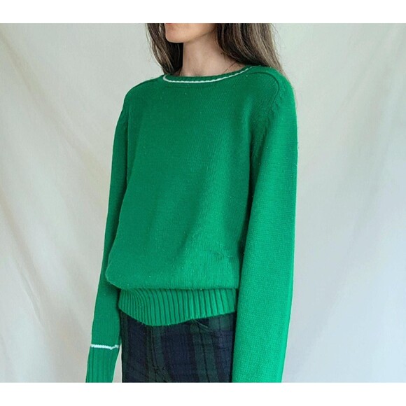 Vintage 1960s 70s Kelly Green Acrylic Knit Crewneck Sweater, Women's Medium - Picture 7 of 8